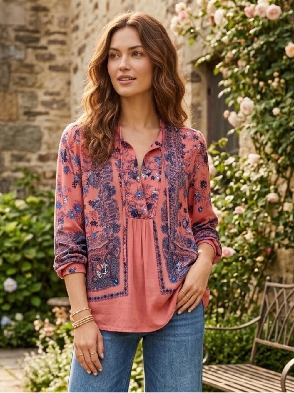 Lucky Brand Coral Paisley Split-Neck Blouse with Navy Print